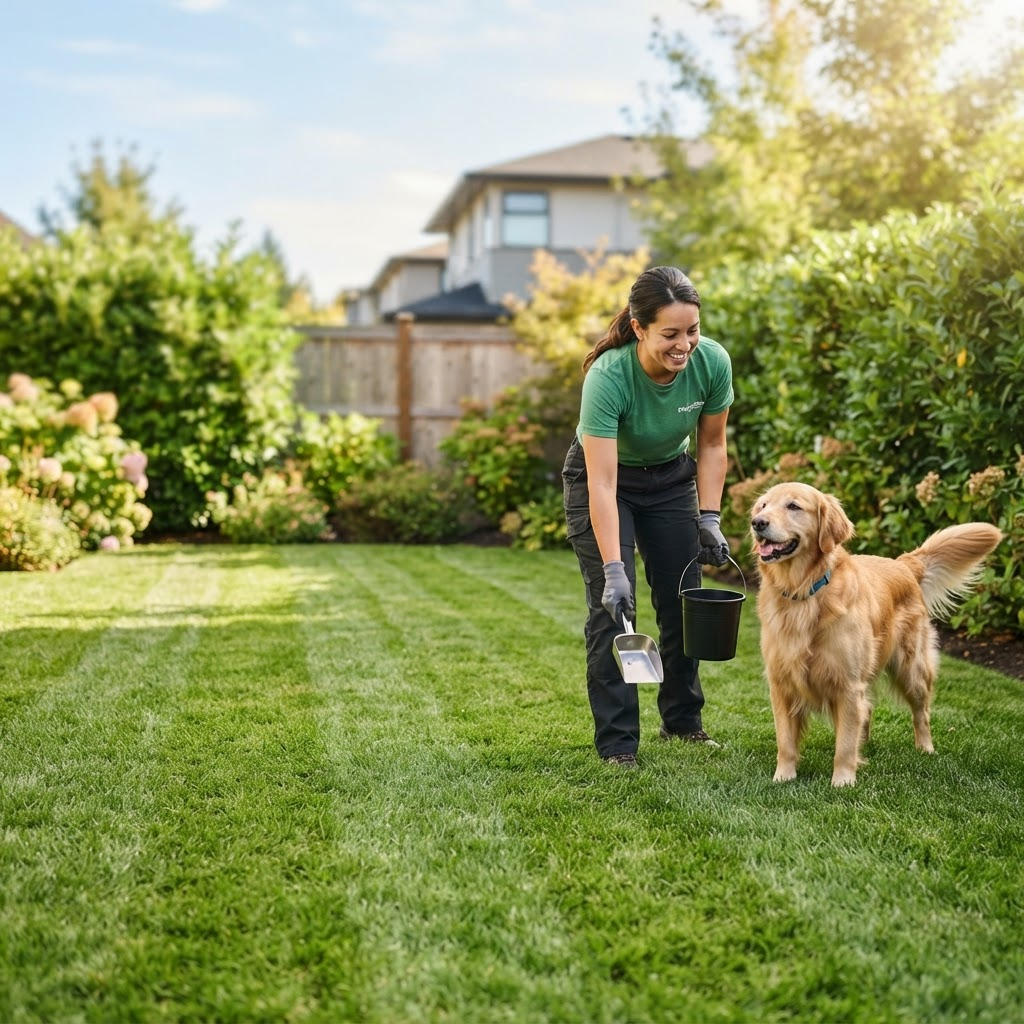 A happy dog and Scoop Group yard-care professional in a sunny backyard